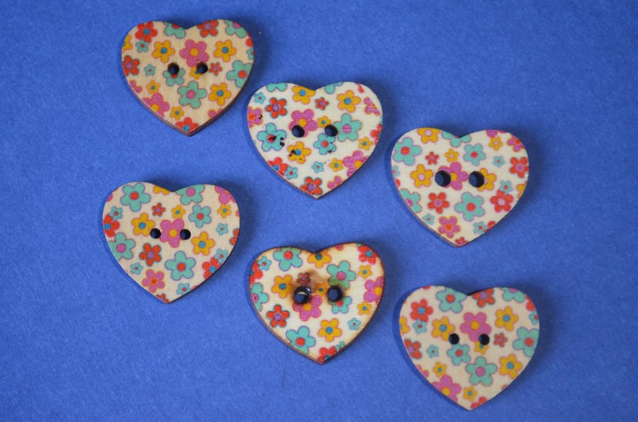 Wooden Heart Buttons Floral Pink Turquoise Yellow Red 6pk 25x22mm (H29)