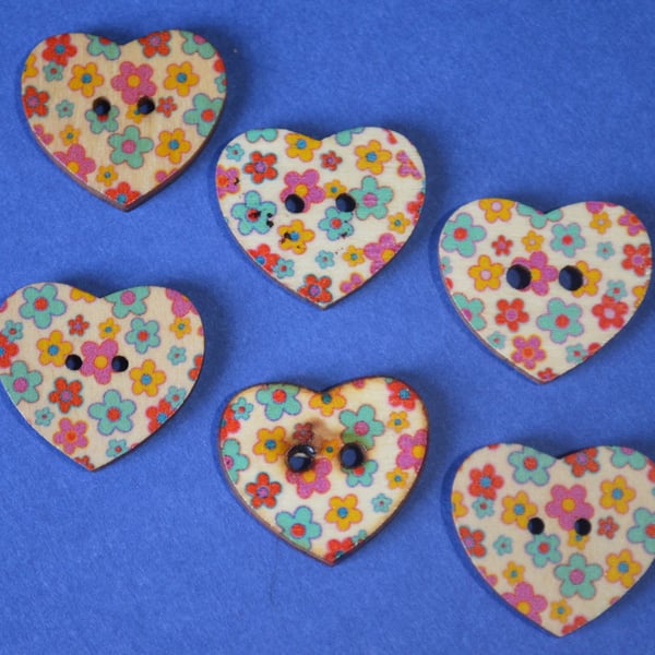 Wooden Heart Buttons Floral Pink Turquoise Yellow Red 6pk 25x22mm (H29)