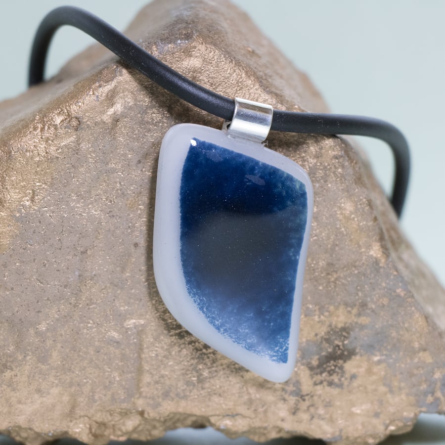 Blue & White Fused Glass Pendant Necklace - 1119