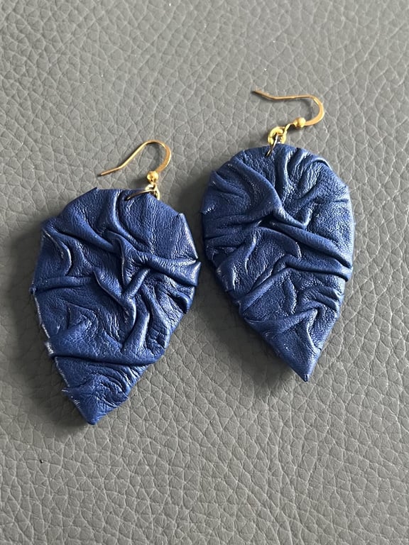 Handcrafted Blue Textured Leather Earrings - Artistic Statement Teardrops 