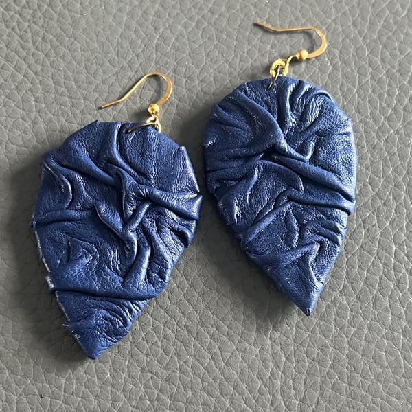 Handcrafted Blue Textured Leather Earrings - Artistic Statement Teardrops 