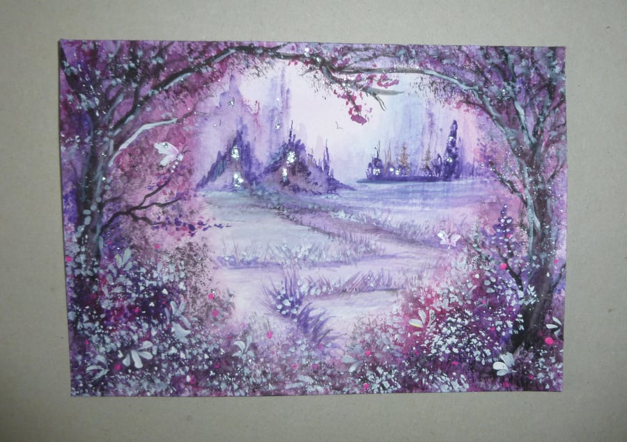original art fantasy glitter watercolour landscape ( ref FA9 P5 )