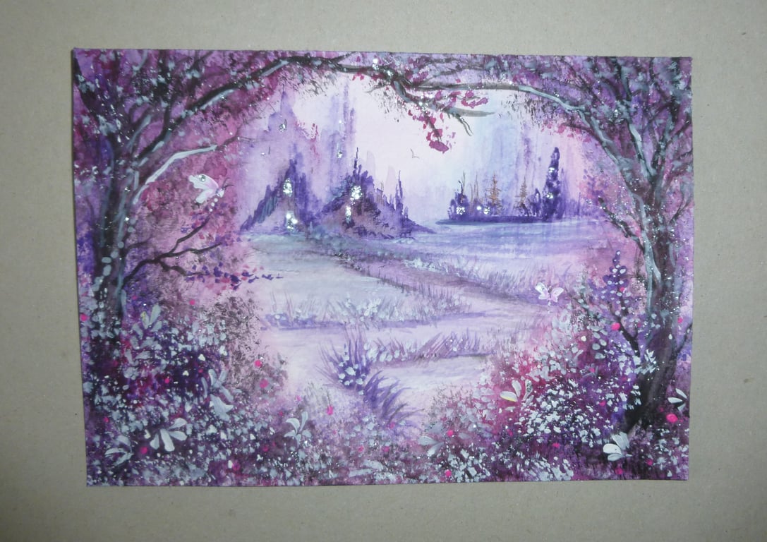 original art fantasy glitter watercolour landscape ( ref FA9 P5 )