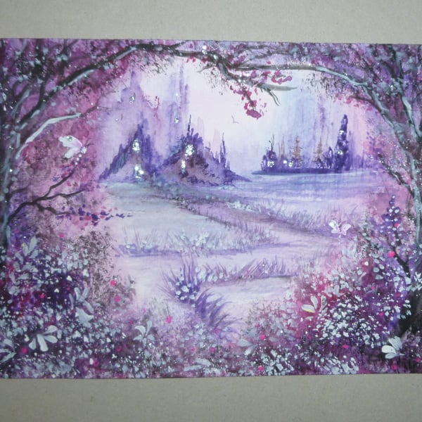original art fantasy glitter watercolour landscape ( ref FA9 P5 )