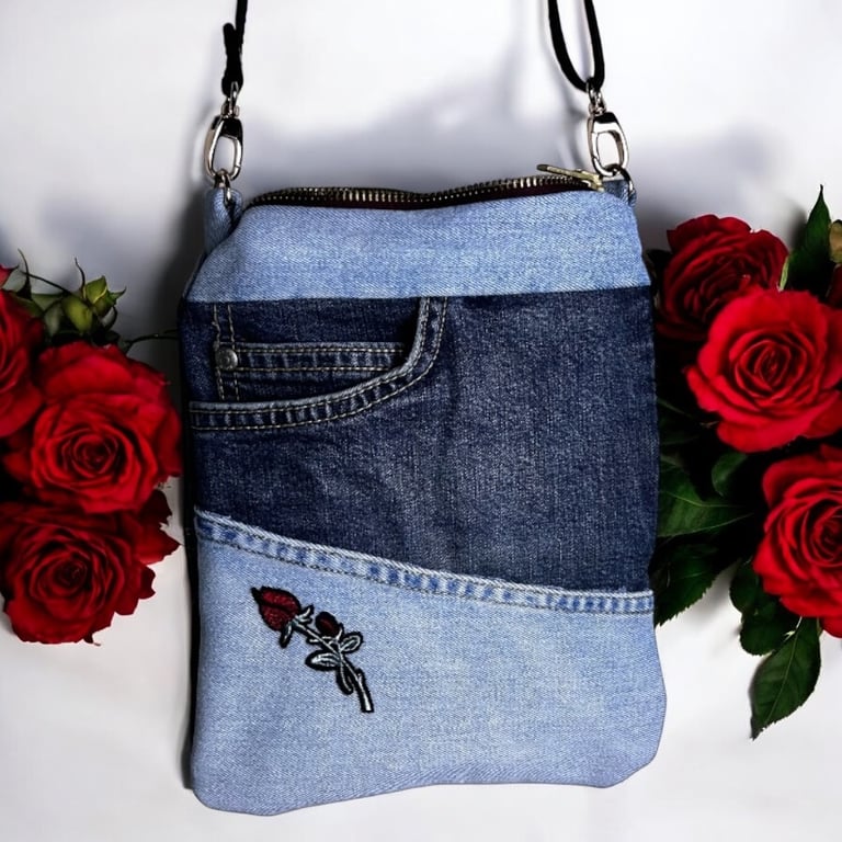 Upcycled Denim bag with light and dark blue mix with jeans pocket and tulip