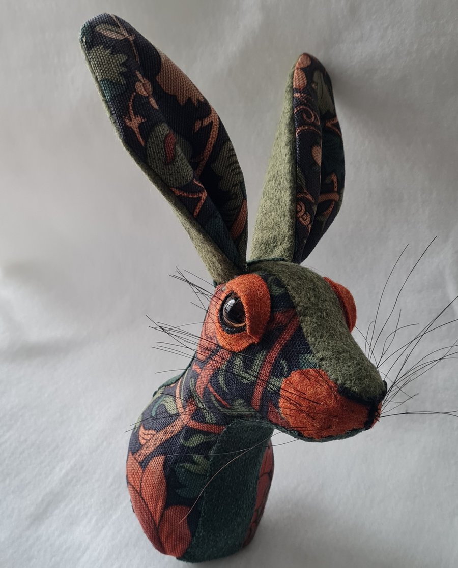 Faux hare head wall mount in William Morris fabric