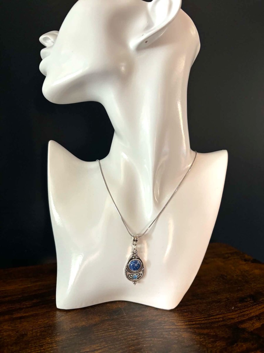 Silver Tone Necklace with Blue Drop Pendant