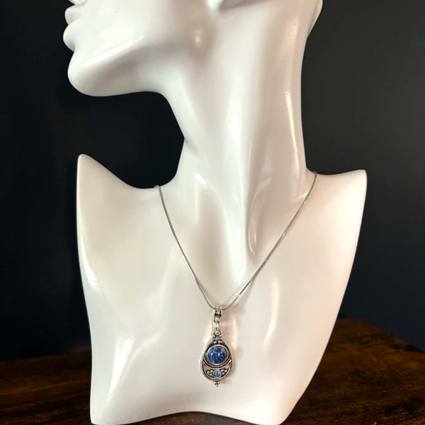 Silver Tone Necklace with Blue Drop Pendant