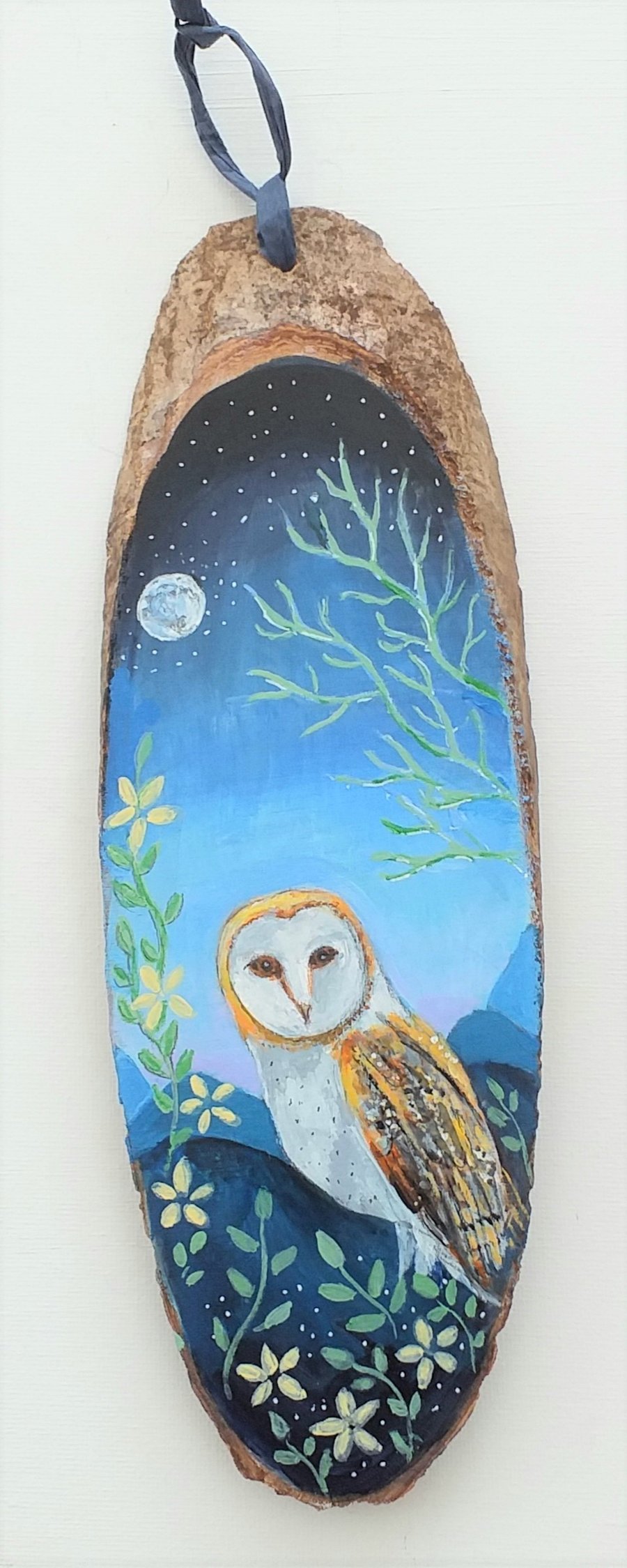 Barn owl by moonlight on wood slice  24 x 8 cm