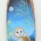 Barn owl by moonlight on wood slice  24 x 8 cm
