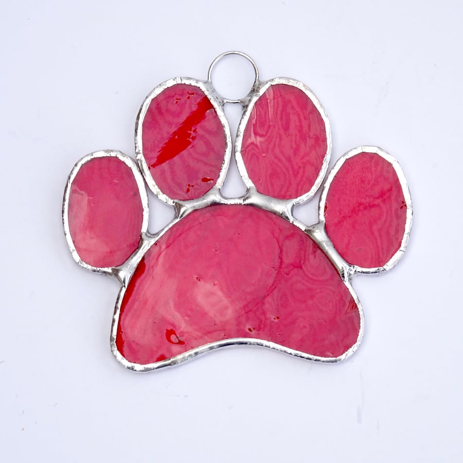 Stained Glass Paw Print Suncatcher - Handmade Hanging Decoration - Red