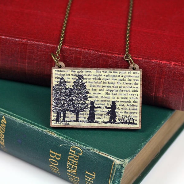 Classic Literature - Pride and Prejudice Wooden Silhouette Illustration Necklace