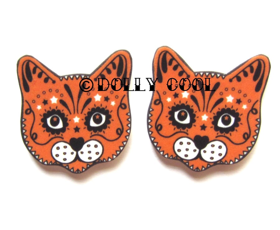 Ginger Cat Earrings Sugar Skull Style by Dolly Cool Kitty Day of the Dead