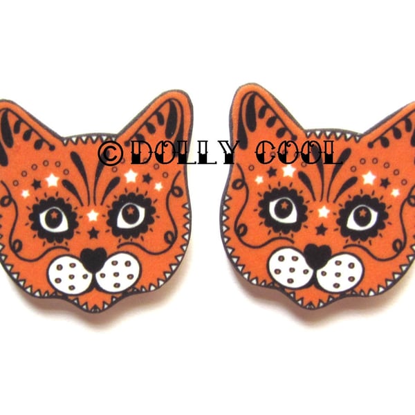 Ginger Cat Earrings Sugar Skull Style by Dolly Cool Kitty Day of the Dead