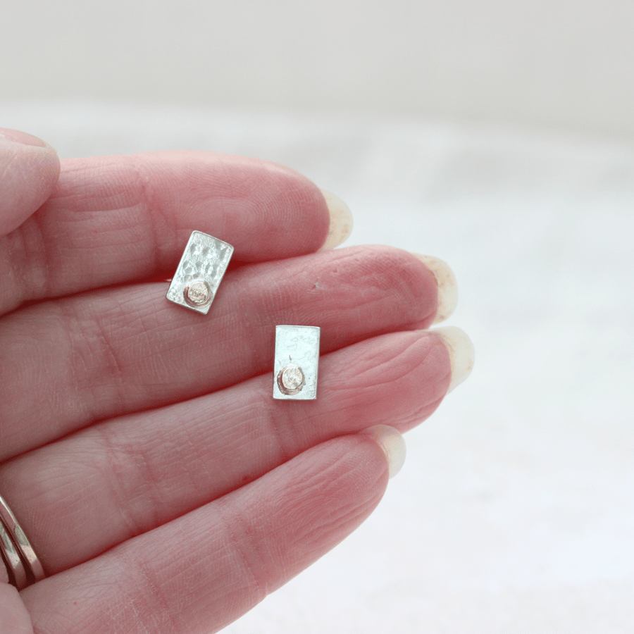 Sterling Silver Rectangle Modern Studs with Gold Accent (hallmarked)