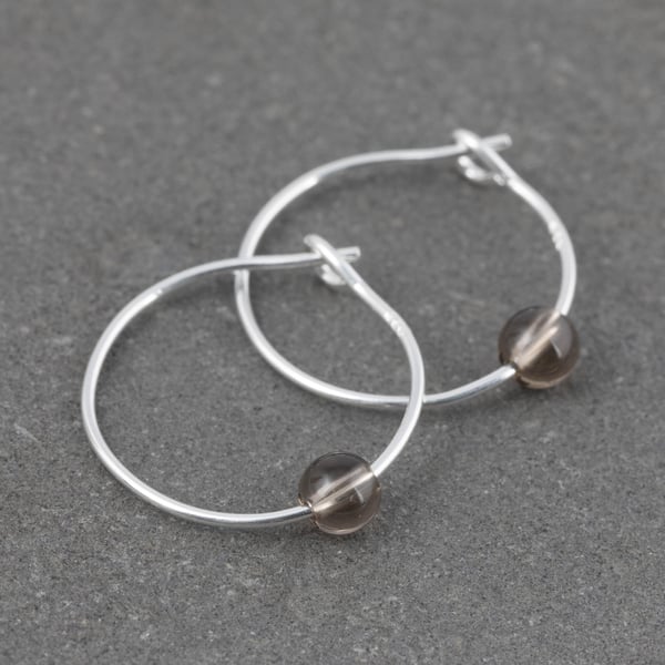 Boho 4mm Grey Brown Smoky Quartz Gemstone & 15mm Sterling Silver Hoop Earrings