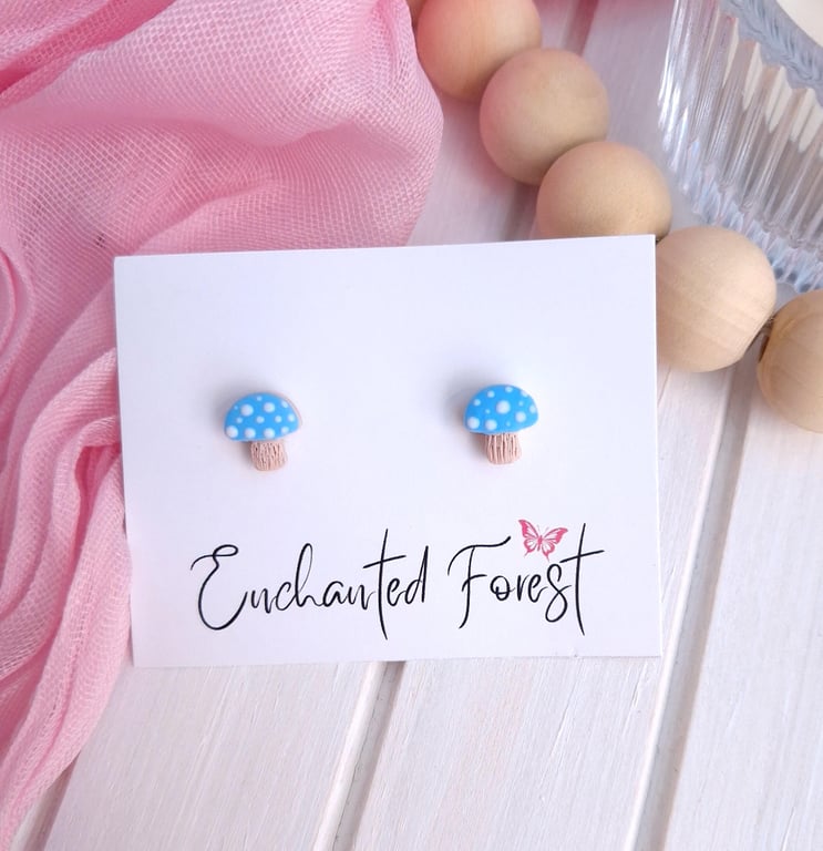 Reduced to Clear, Blue Mushroom Stud Earrings, Cottagecore Jewellery