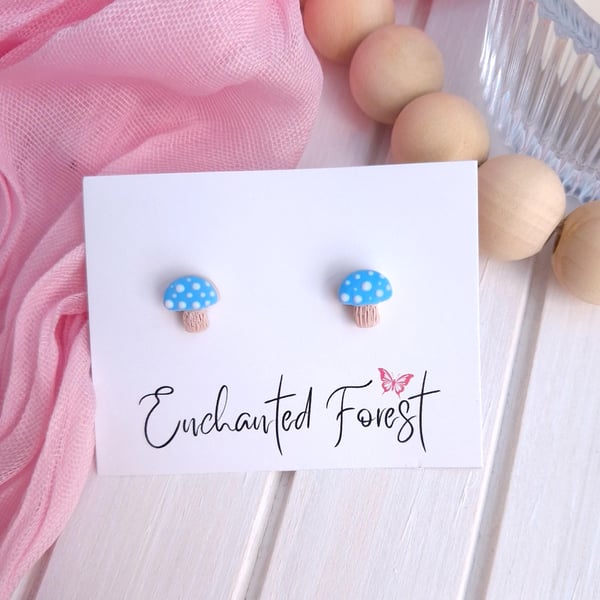 Reduced to Clear, Blue Mushroom Stud Earrings, Cottagecore Jewellery
