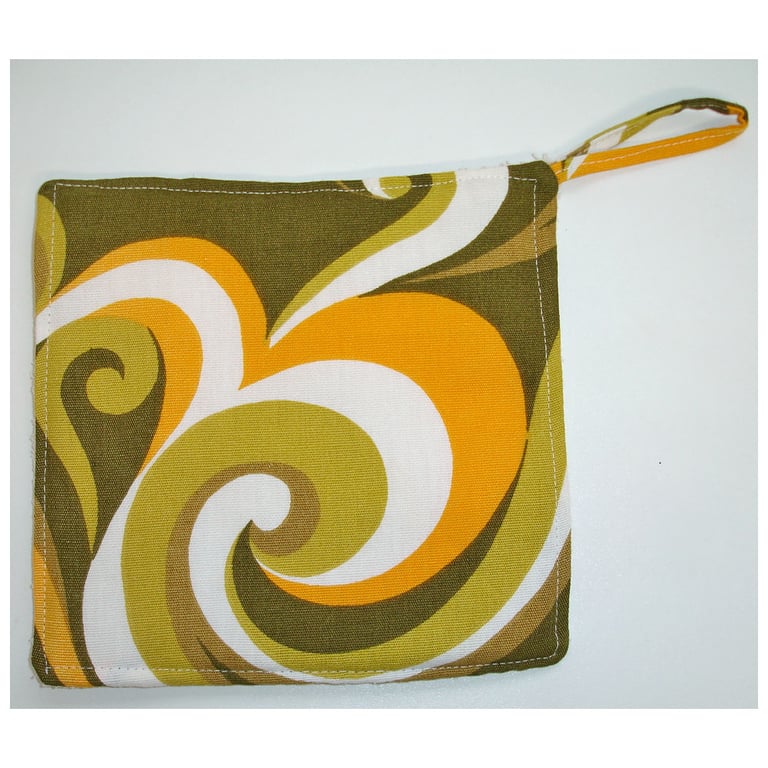 Pot Holder Irish Linen Orange Green Brown Retro Kitchen Grab Mat Pad Mid Century