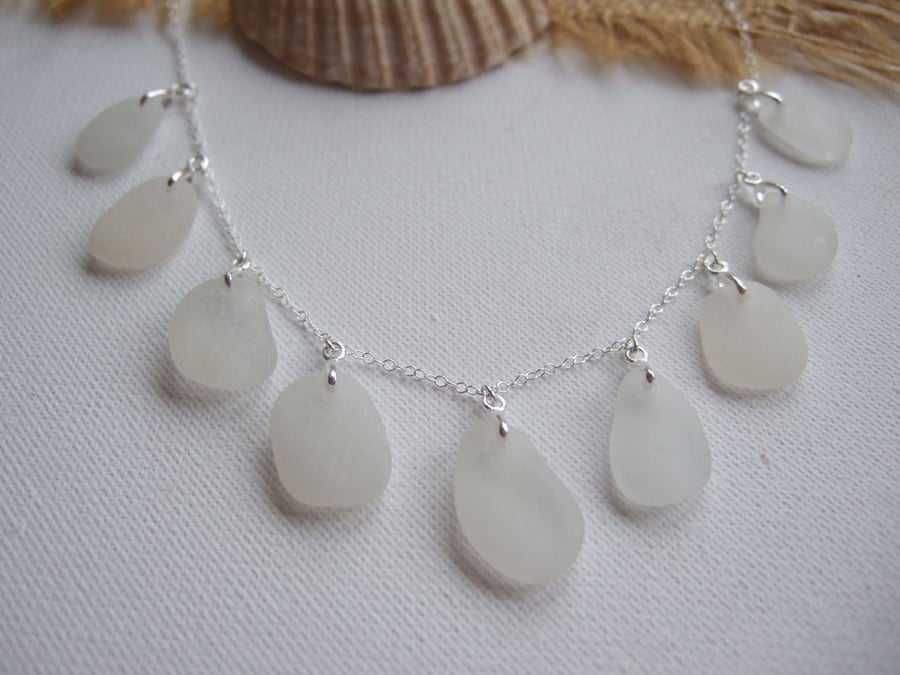 Scottish sea white glass necklace, beach glass necklace, elegant white necklace