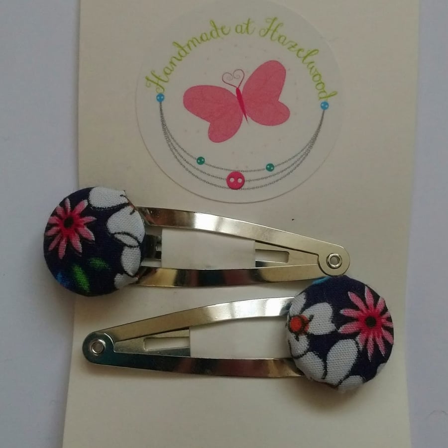 Floral Design Fabric Covered Button Hair Clips