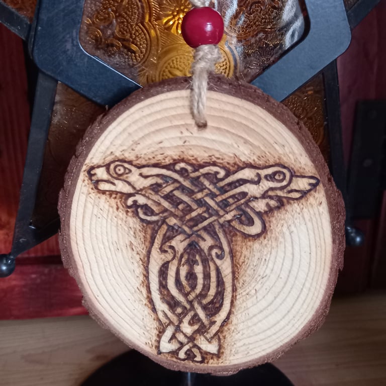 Pyrography Celtic knotwork wood slice hanging decoration