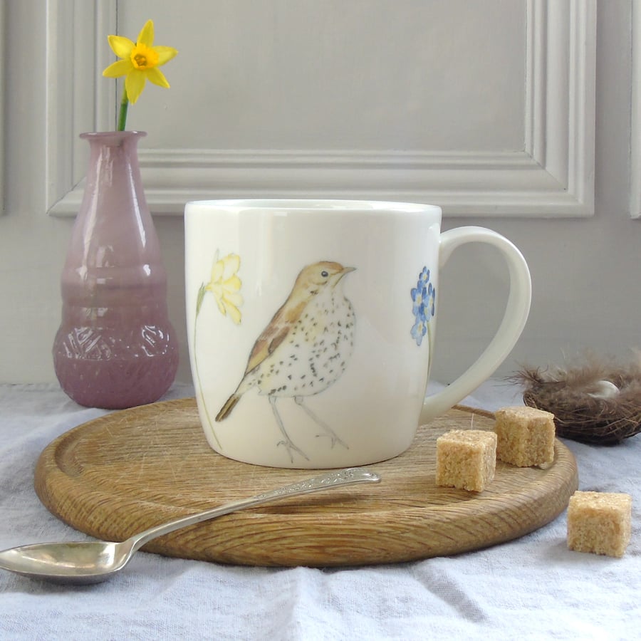 Song thrush and Spring Flowers Fine Bone China Mug
