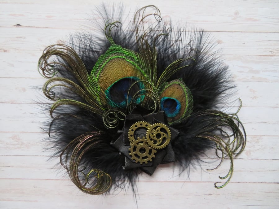Black Steampunk Peacock Feather Fascinator Hair Clip 