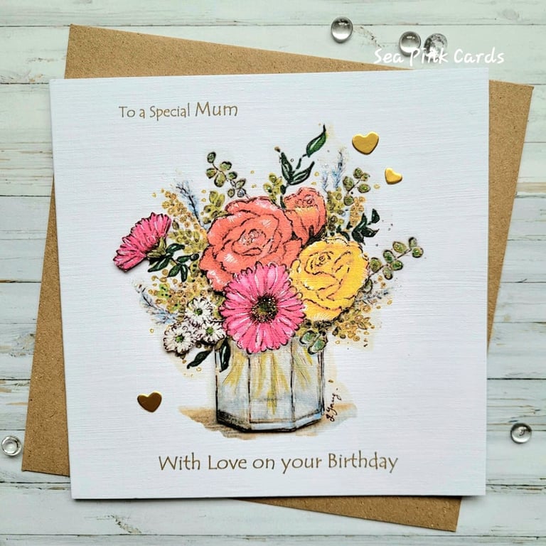 Birthday Card Mum - Jar of flowers, roses, gerbera, handcrafted, 3D card
