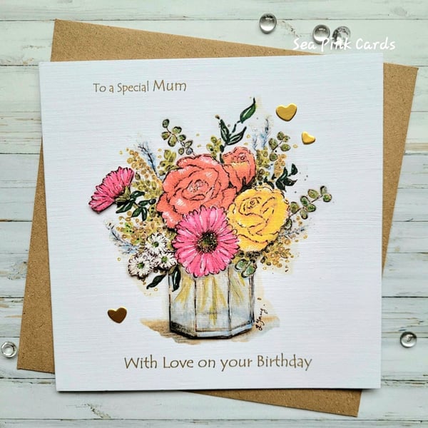 Birthday Card Mum - Jar of flowers, roses, gerbera, handcrafted, 3D card
