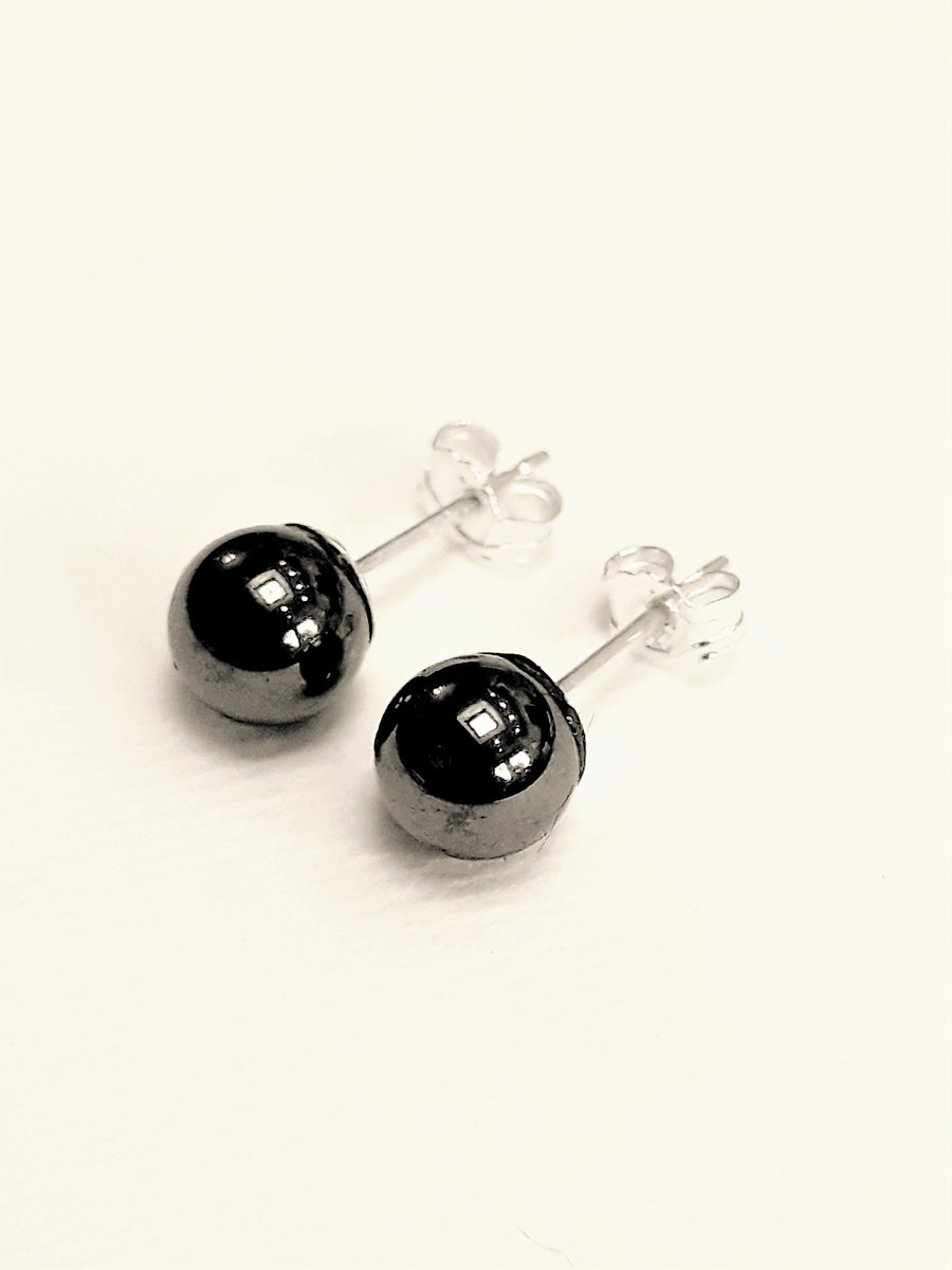 Sterling Silver Haematite Earrings, Ball Ear Studs