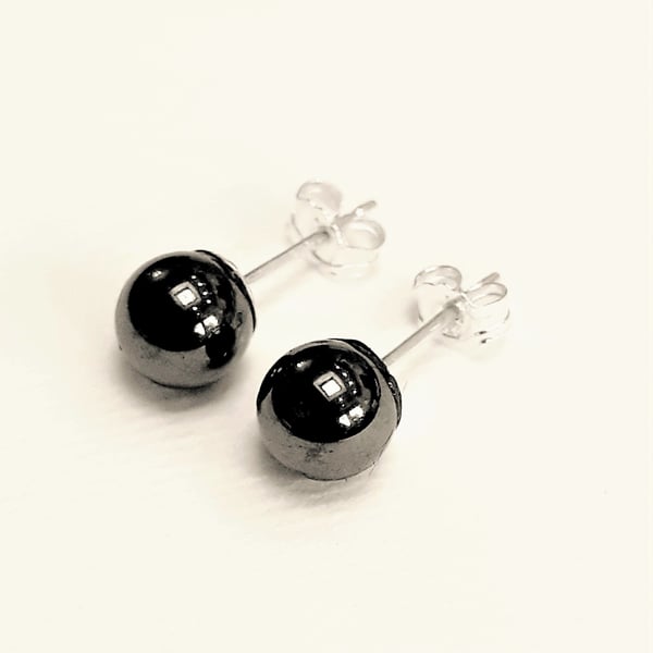 Sterling Silver Haematite Earrings, Ball Ear Studs