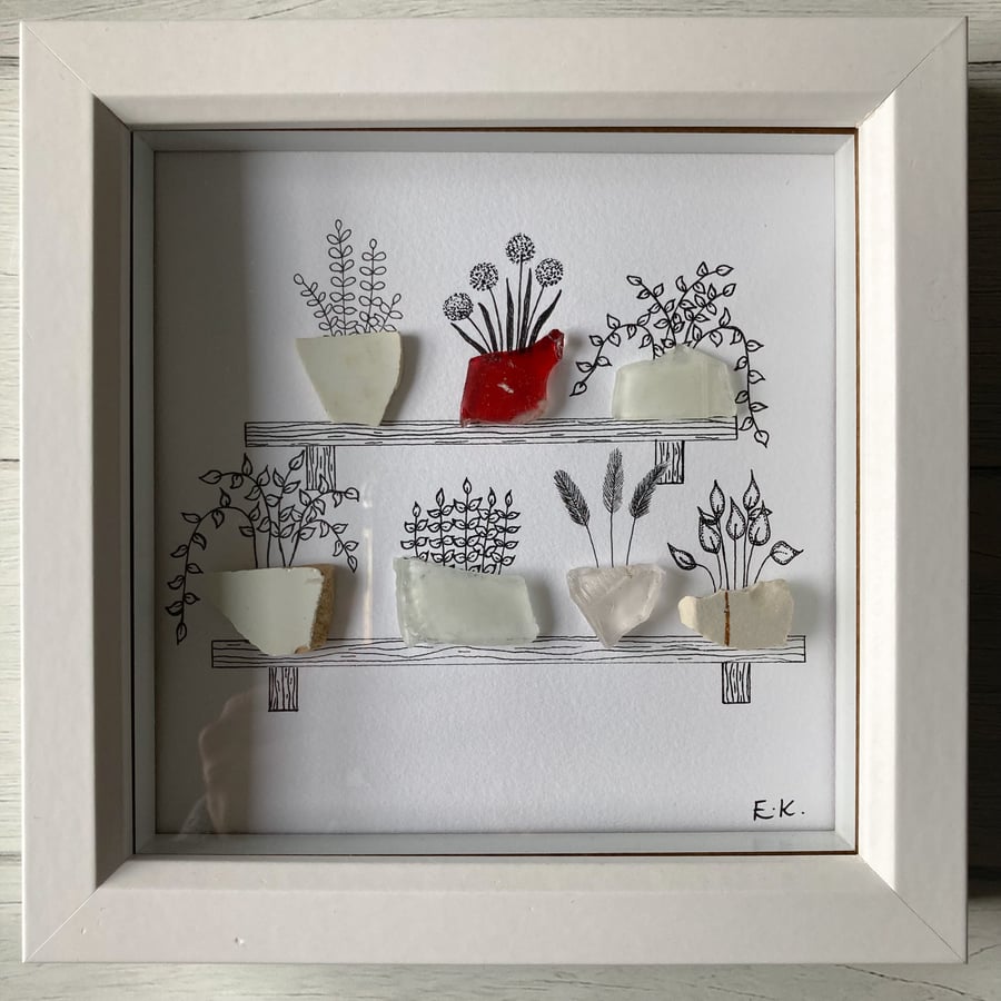 Plant pot design made with sea glass and sea pottery from Cornwall 