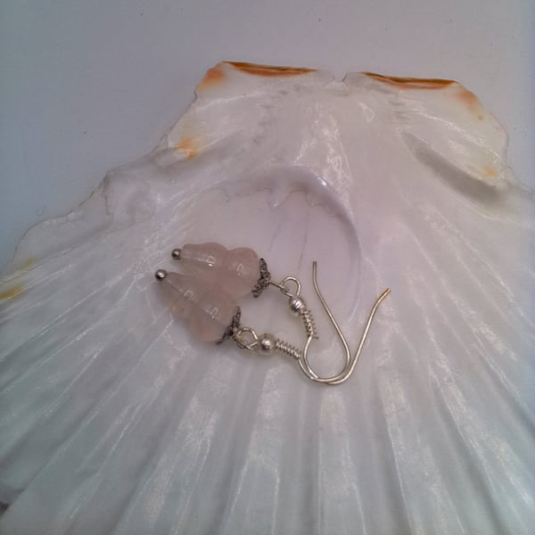  Earrings with Rose Quartz Bead and Silver Leaf Bead Cap, Gift for Her, Earrings