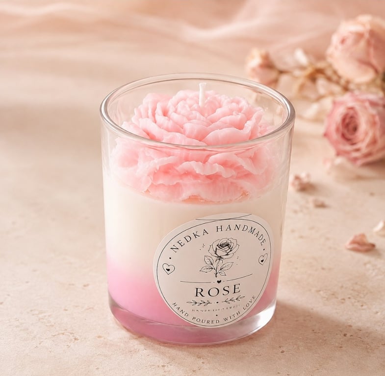 Handmade Pink Rose Candle in Glass Jar - Romantic Gift