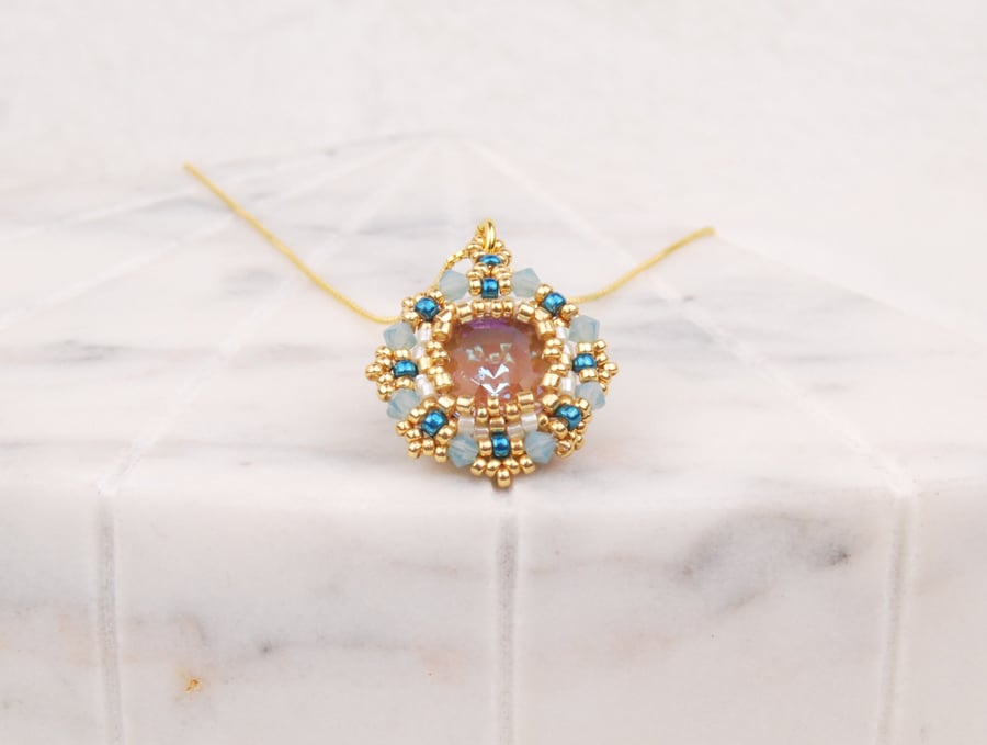 Beaded pendant in gold and blue, Crystal pendant, Handmade wedding jewellery