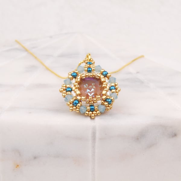 Beaded pendant in gold and blue, Crystal pendant, Handmade wedding jewellery