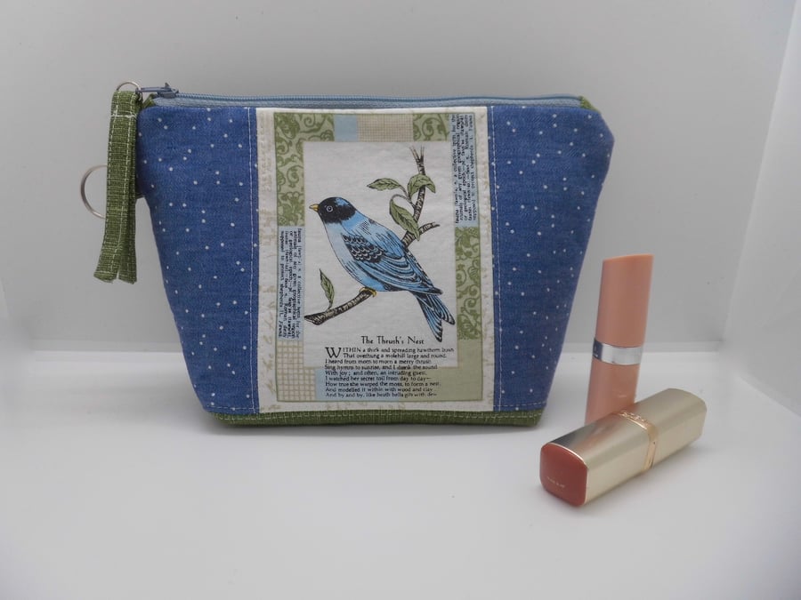 Make up bag The Thrush's Nest blue and green garden bird