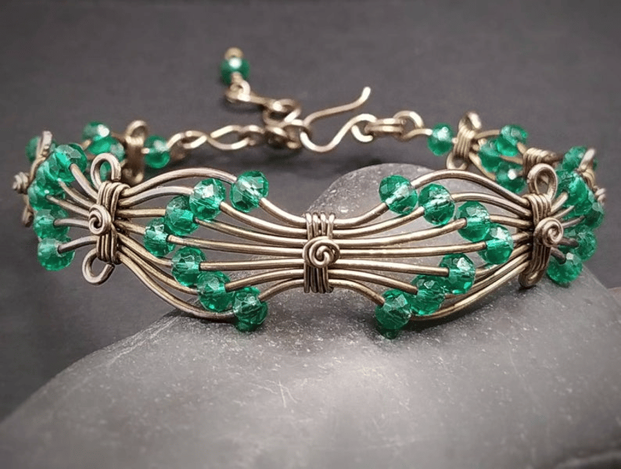 Butterfly Oxidised Copper Cuff Bracelet with Green Crystal Beads