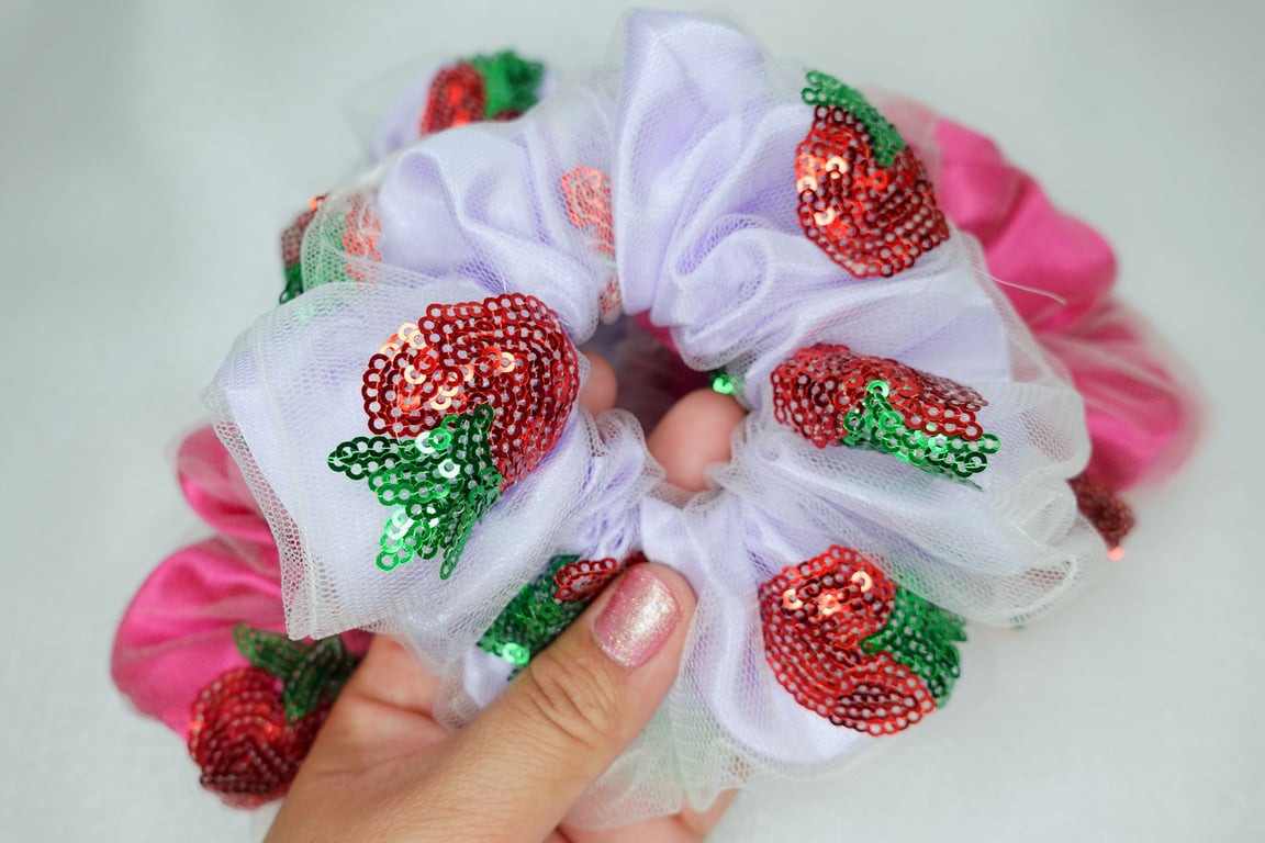 Large Strawberry Scrunchies, Double Layer Tulle Scrunchies, Two Layer Scrunchies