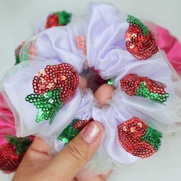 Large Strawberry Scrunchies, Double Layer Tulle Scrunchies, Two Layer Scrunchies