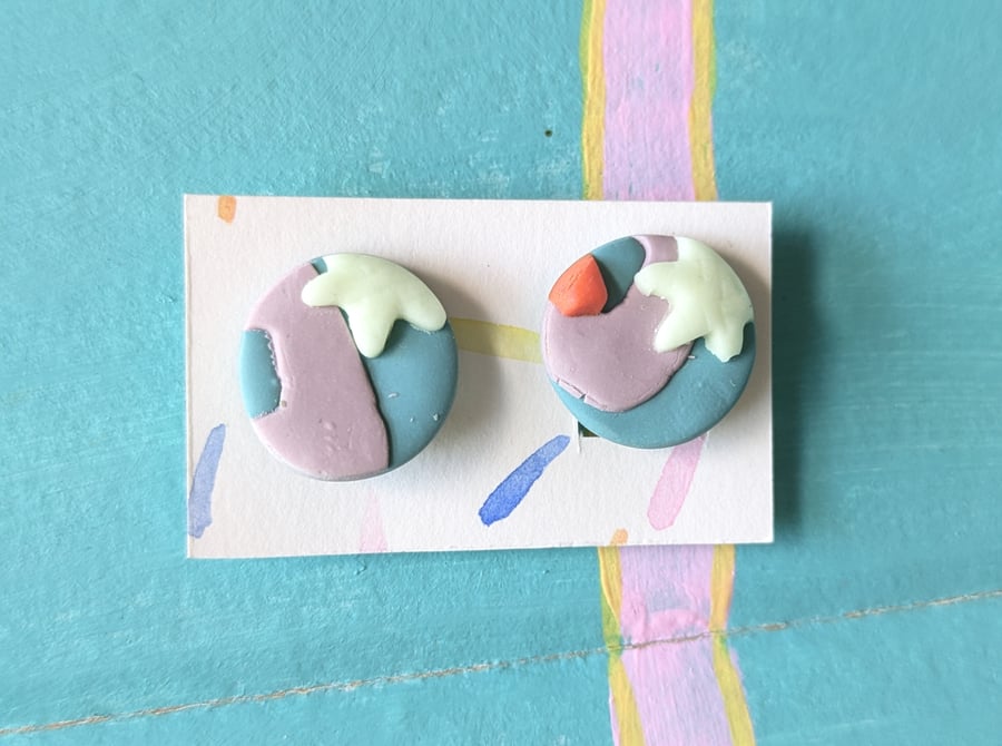 Blue, lilac and orange large clip on earings 