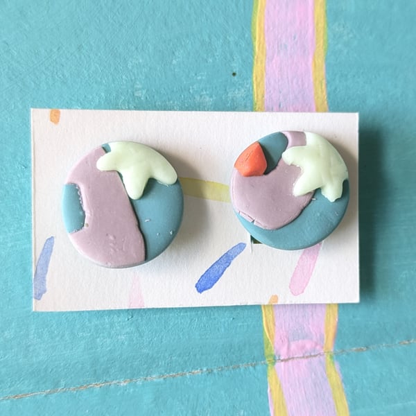 Blue, lilac and orange large clip on earings 