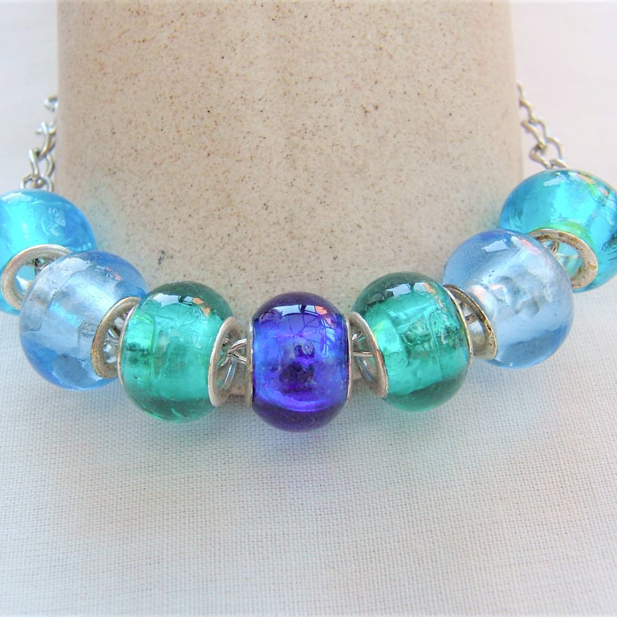 Shades of Blue European Lampwork Bead Bracelet on a Silver Plated Chain