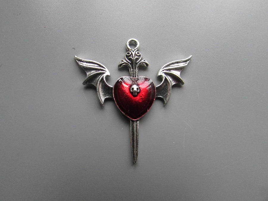 Silver & Red Winged Heart and Dagger Tibetan Jewellery Charm