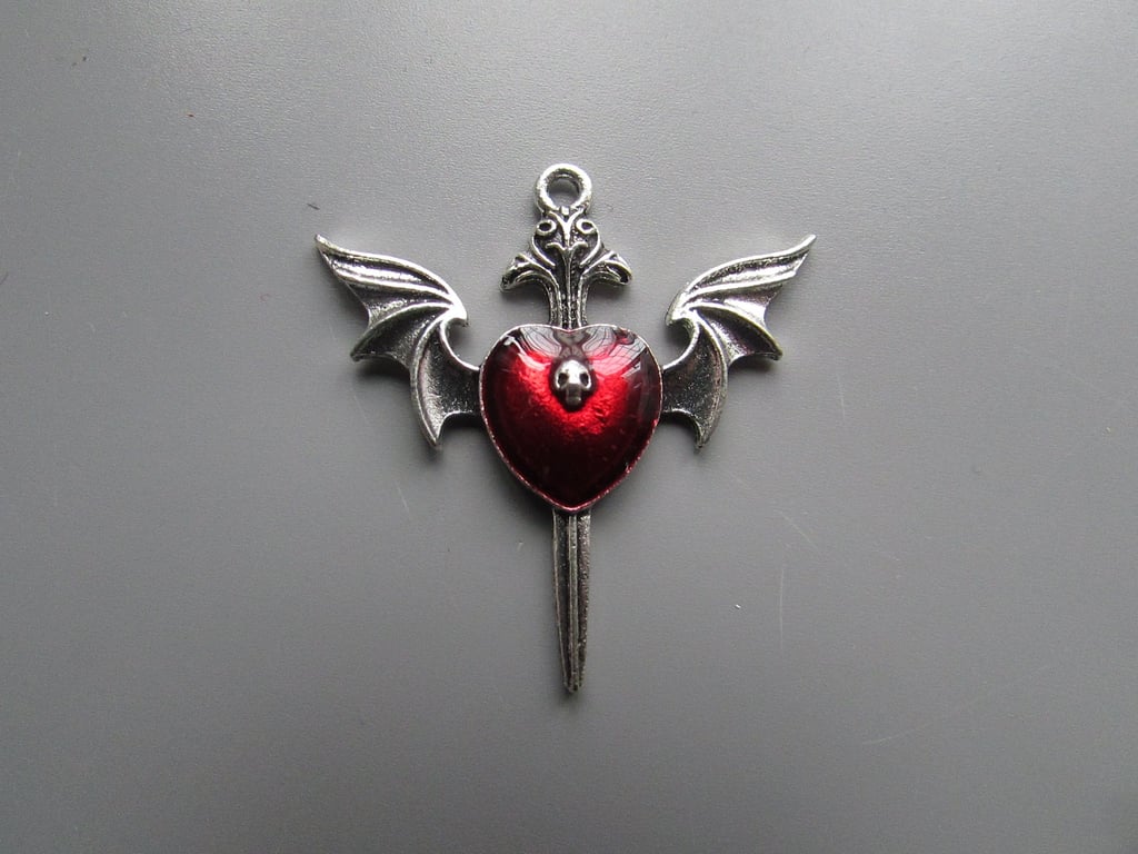 Silver & Red Winged Heart and Dagger Tibetan Jewellery Charm