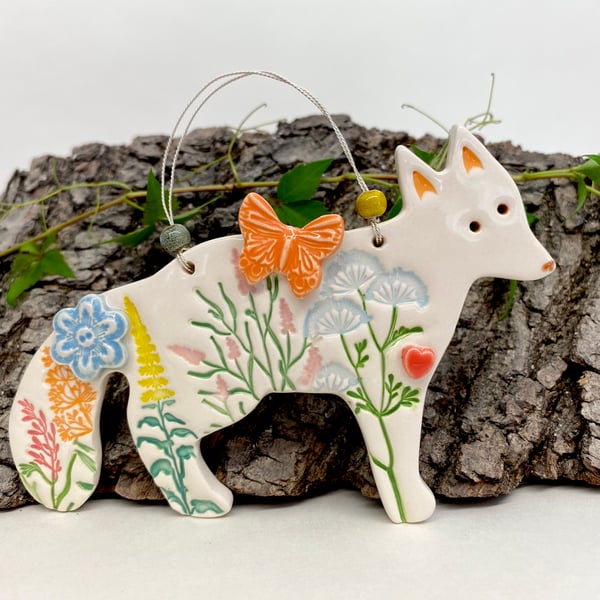 Ceramic fox decoration orange butterfly