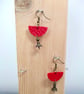 Red Leather Dangle Drop Earrings Half Moon and Gunmetal Floral Bead  - Image 5