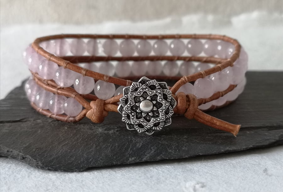 Rose quartz semi precious double wrap tan leather bracelet with button fastener 