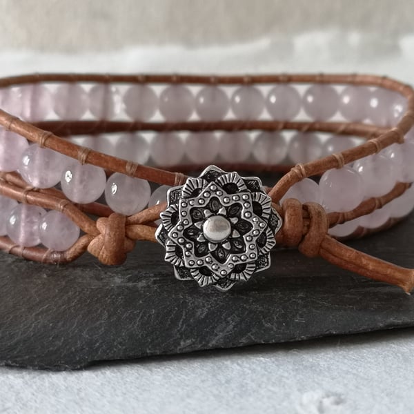 Rose quartz semi precious double wrap tan leather bracelet with button fastener 
